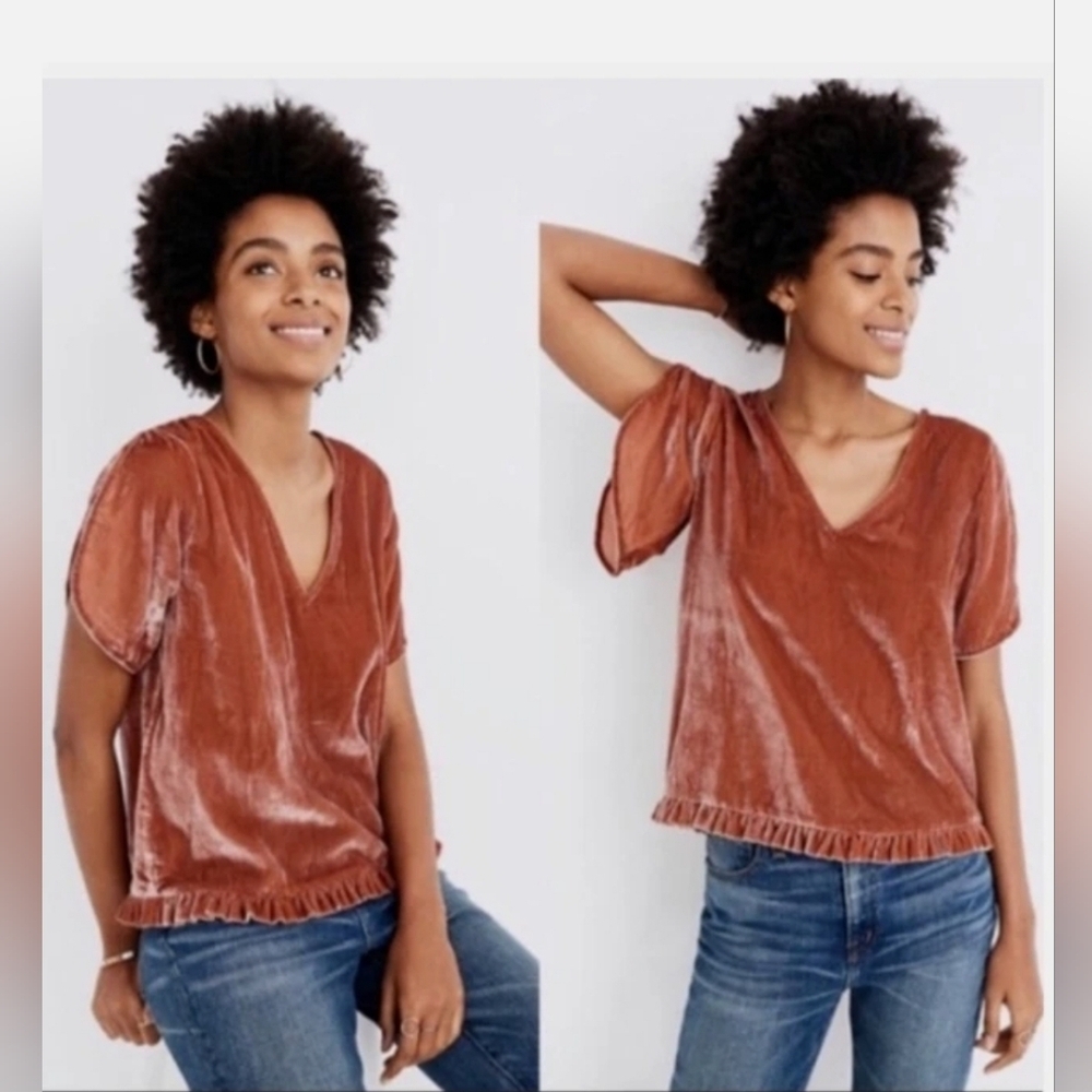 Madewell Velvet Ruffled Tulip Sleeve Top Burnt Orange Pullover BIouse